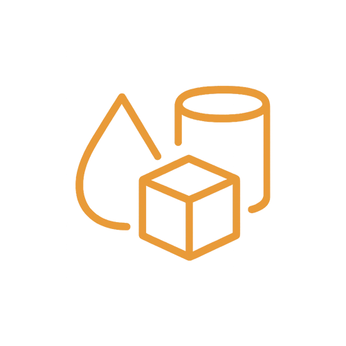 An icon showing a drop, a cube, and a cylinder, representing a wide array of material options available from an OEM cat water fountain manufacturer.