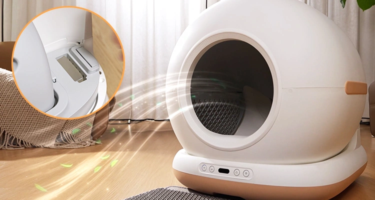 A Petrust CB002 automatic litter box with air vents and air flow lines, highlighting the air purification and odor control features that are part of effective automatic litter box cleaning tips.