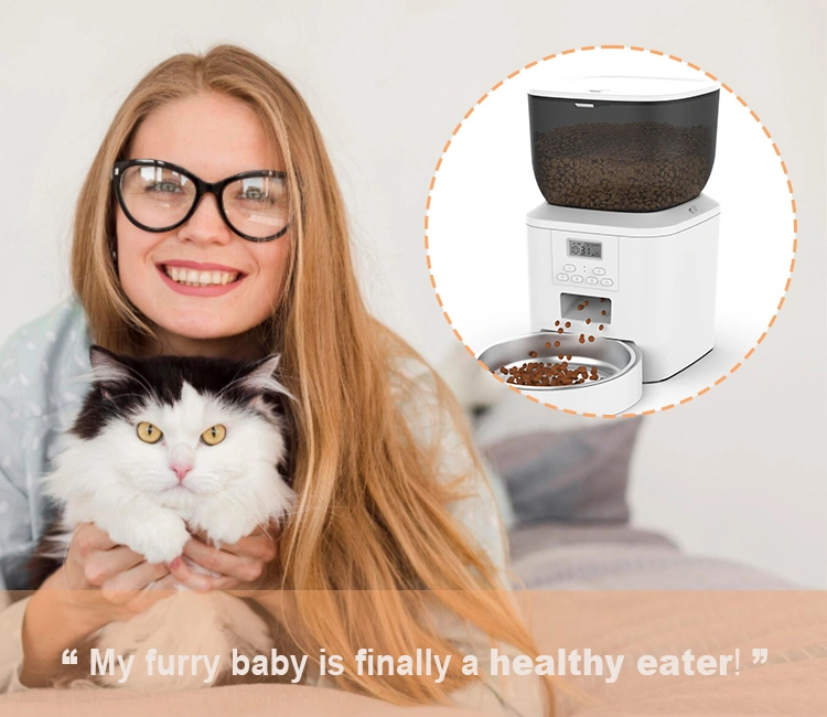 A happy person wearing glasses smiles while holding a fluffy black and white cat, with a white automatic slow feeder shown in an inset circle, celebrating the health benefits of an automatic slow feeder. A quote says, "My furry baby is finally a healthy eater!"