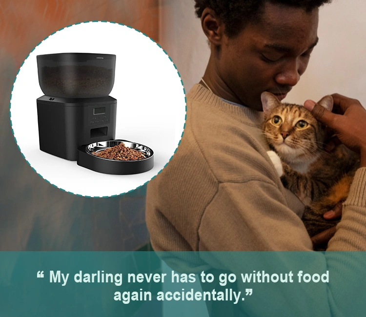 A user holds and pets a cat while a black Petrust automatic slow feeder is shown in an inset circle, demonstrating the peace of mind provided by an automatic slow feeder. The text reads, "My darling never has to go without food again accidentally."