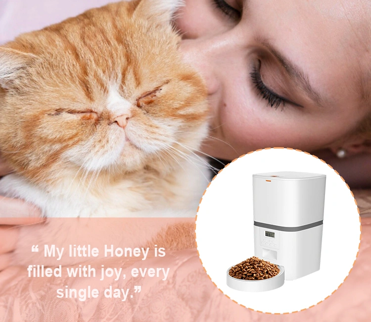 A person lovingly cuddles with a contented orange tabby cat, with a white automatic slow feeder shown in an inset circle, illustrating how an automatic slow feeder contributes to a cat's daily happiness. The quote says, "My little Honey is filled with joy, every single day."