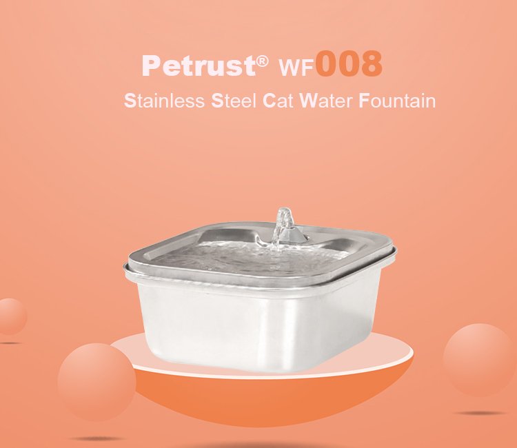 A durable silver Petrust WF008 Stainless Steel Cat Water Fountain with flowing water, representing a reliable stainless steel water fountain for cats.