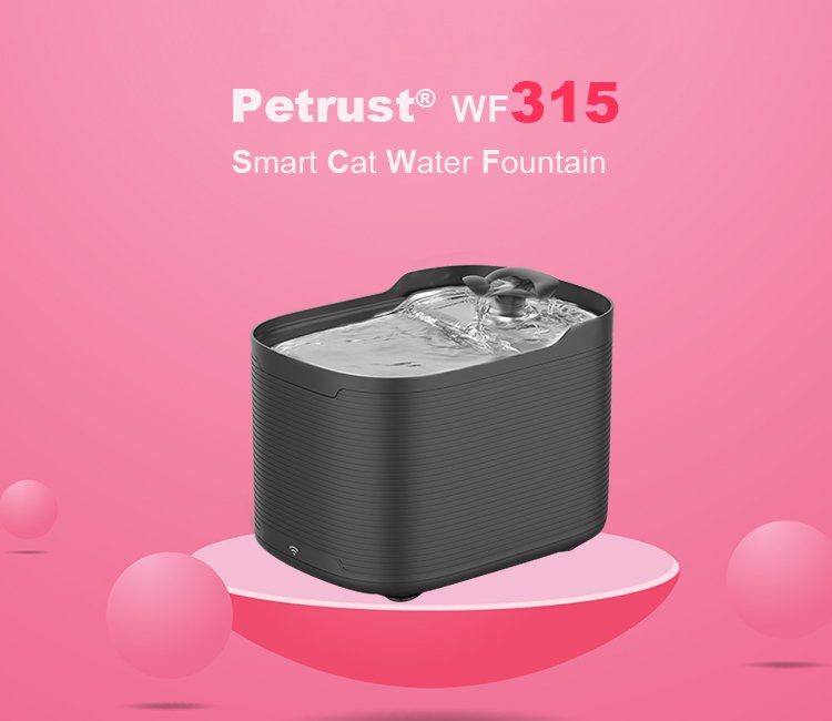 A sleek black Petrust WF315 Smart Cat Water Fountain on a pink background, showcasing a modern water fountain for cats with smart features.