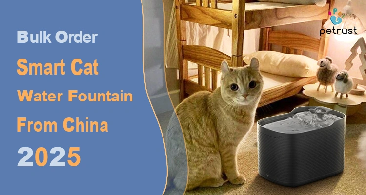 A cute cat sitting next to a black smart cat water fountain, with a banner advertising "Bulk Order Smart Cat Water Fountain From China 2025" and details on OEM pricing and shipping costs.
