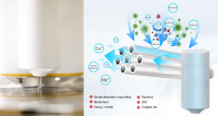 Diagram illustrating the multi-stage filtration process of a clean cat water fountain, showing removal of impurities like bacteria, heavy metals, and dirt.