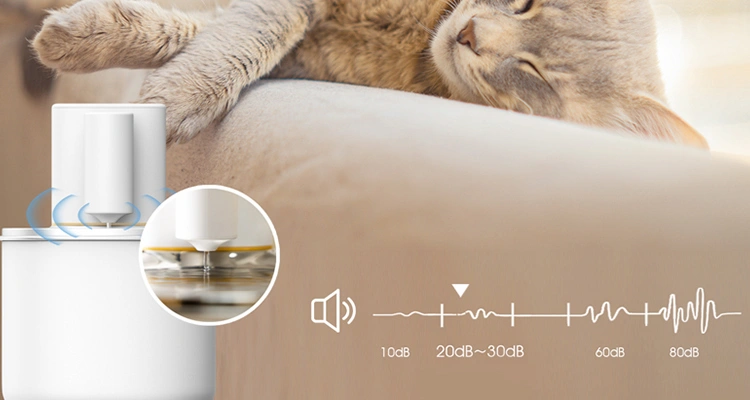 A white cat water fountain operating quietly next to a sleeping cat, illustrating its low noise level of around 20-30dB, perfect for a peaceful and clean cat water fountain experience.