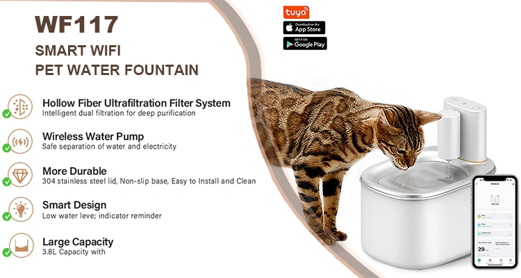 Infographic detailing features of the WF117 Smart WiFi Pet Water Fountain, including hollow fiber ultrafiltration, wireless pump, and 3.8L capacity, ensuring a consistently clean cat water fountain.