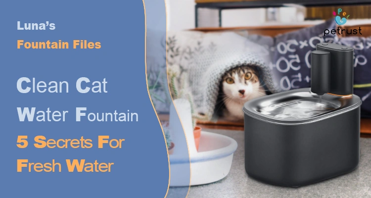 A black and silver cat water fountain with rippling water on the table, next to a sleeping tabby cat on the sofa, illustrating the secrets to a clean cat water fountain for fresh, odor-free water.