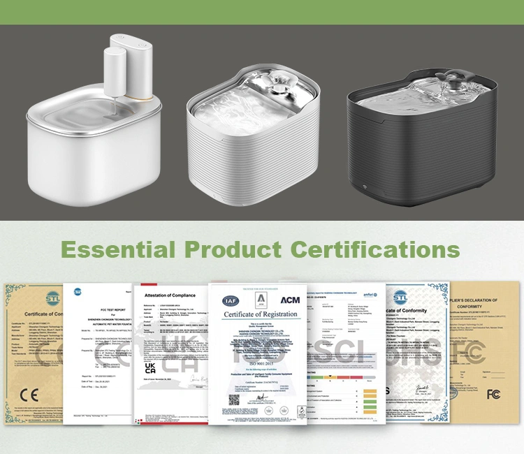 Three different cat water fountain designs above a display of various international product certifications, highlighting the importance of compliance to prevent cat water fountain importing mistakes.