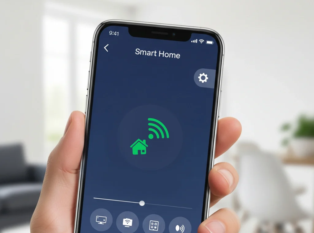 A hand holding a smartphone showing a "Smart Home" app interface with a Wi-Fi-enabled house icon, representing the smart technology features of an OEM Cat Water Fountain.