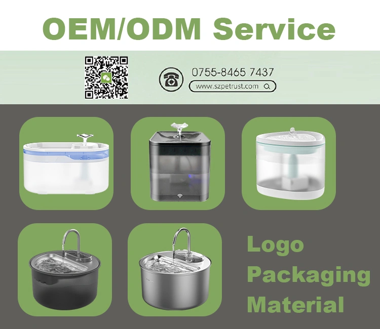 A collage of various cat water fountain designs with text highlighting 'OEM/ODM Service' and contact information, showing customization options to avoid cat water fountain importing mistakes.