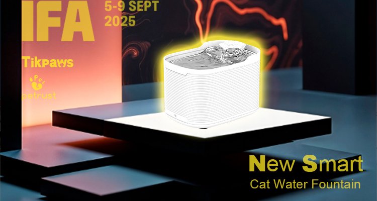 IFA Berlin 2025 Smart Automatic Cat Water Fountains by Petrust® of IFA Berlin 2025: Explore Petrust®’s Latest Smart Pet Products & OEM Opportunities A glowing white smart automatic cat water fountain on a floating pedestal, showcasing a new product from Petrust® being launched at IFA Berlin 2025.