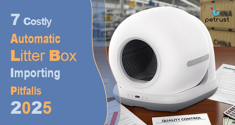 A sleek, white automatic litter box sits on a desk with import documents, illustrating the "7 Costly Automatic Litter Box Importing Pitfalls 2025" for businesses looking to import automatic litter box from China.