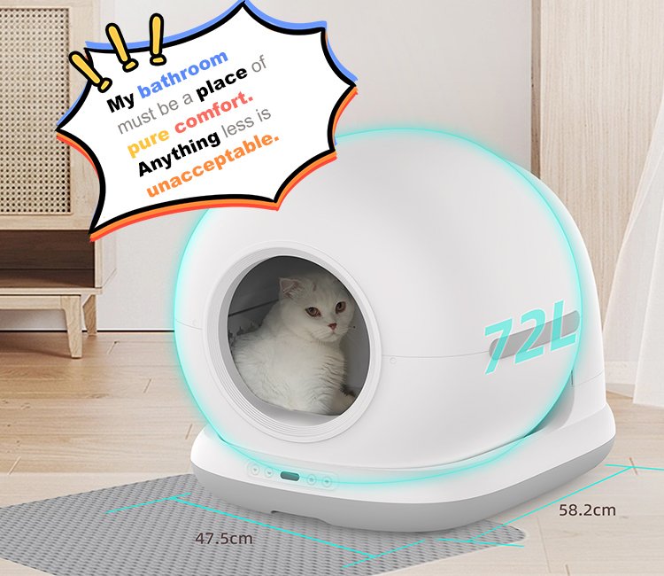 A white cat sits comfortably inside a spacious large cat litter box, emphasizing the comfort a large cat litter box vs regular provides. The image highlights the 72L capacity and dimensions of 47.5cm by 58.2cm, with a speech bubble saying "My bathroom must be a place of pure comfort."