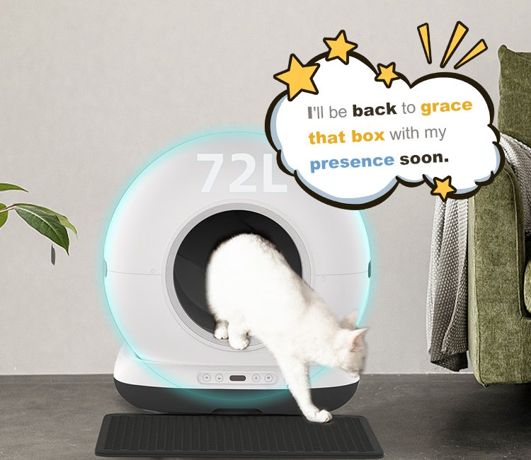 A white cat exits a futuristic self-cleaning large cat litter box, showcasing the ease of use of a large cat litter box vs regular. A speech bubble reads, "I'll be back to grace that box with my presence soon."