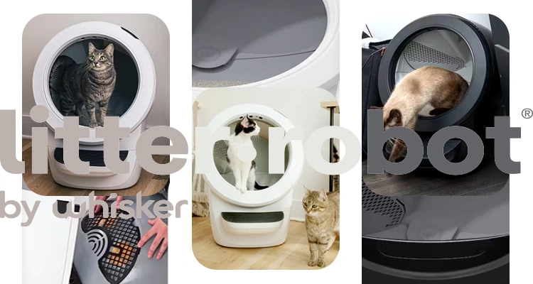 A collage of cats interacting with the Litter-Robot 4 automatic cat litter box in white and black, showcasing its features and design in a 'Litter Robot vs Neakasa' comparison for the 'Best Automatic Cat Litter Box 2025'