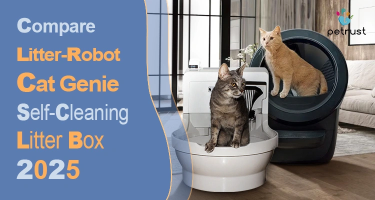 A side-by-side product comparison of the Litter Robot vs Cat Genie with two cats, highlighting a 2025 Best Self-Cleaning Litter Box Comparison and OEM guide.