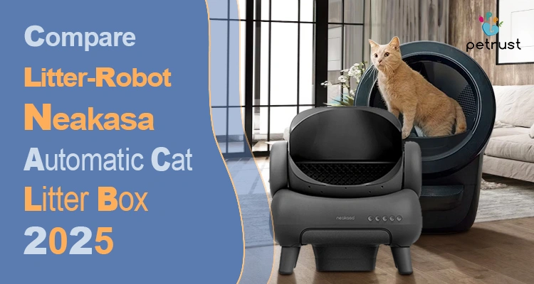 A visual comparison featuring a black Neakasa automatic cat litter box in the foreground and a cat inside a black Litter-Robot 4 in the background, illustrating the 'Litter Robot vs Neakasa' choice for the 'Best Automatic Cat Litter Box 2025'.