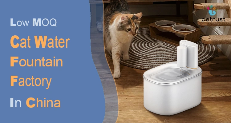 A banner with a cat walking towards a white cat water fountain, promoting an essential guide for small-scale importers on finding a Low MOQ cat water fountain factory in China for 2025.
