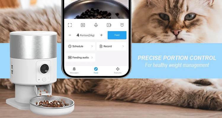A white and silver automatic pet feeder dispensing food, with a smartphone screen showing precise portion control for healthy weight management, making it the best automatic cat feeder for large cats.