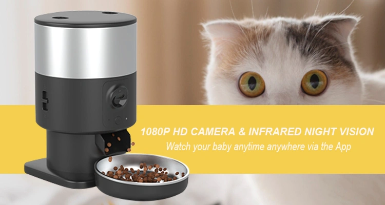A black and silver automatic pet feeder with a 1080p HD camera and infrared night vision, allowing owners to watch their pet anytime via an app, a feature that makes it the best automatic cat feeder for large cats.