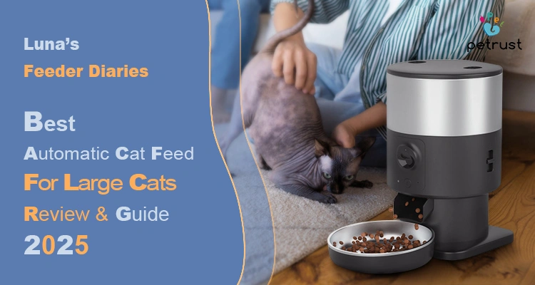 A black and silver automatic cat feeder with a full bowl of food and a man petting a hairless cat in the background, promoting the product as the best automatic cat feeder for large cats.