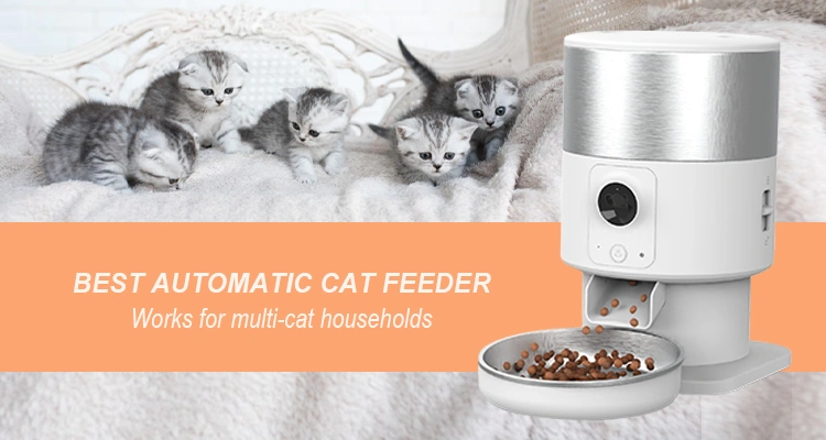 A white and silver automatic pet feeder dispensing food next to a group of kittens, promoting it as the best automatic cat feeder for large cats as well as multi-cat households.