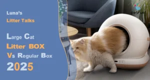 A fluffy Persian cat exits a white Petrust large cat litter box, illustrating the difference between a large cat litter box vs regular ones for the article "Luna's Litter Talks."