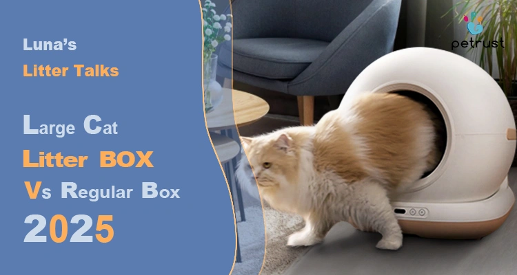 A fluffy Persian cat exits a white Petrust large cat litter box, illustrating the difference between a large cat litter box vs regular ones for the article "Luna's Litter Talks."