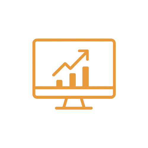 An icon of a computer monitor with an upward-trending chart, representing marketing asset support for clients of an OEM cat water fountain company.