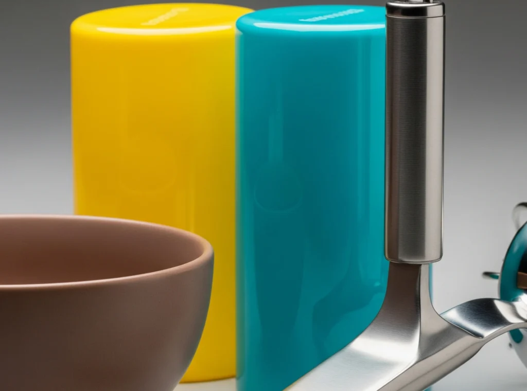 A close-up shot of a stainless steel scoop and a plastic bowl next to yellow and blue plastic cylinders, demonstrating the diverse material options for an OEM Cat Water Fountain.