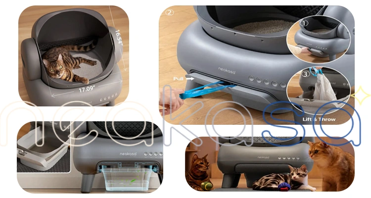 A multi-panel image detailing the grey Neakasa M1 smart self-cleaning litter box, showing its dimensions, waste disposal process, and cats interacting with it, as part of a 'Litter Robot vs Neakasa' evaluation for the 'Best Automatic Cat Litter Box 2025'.