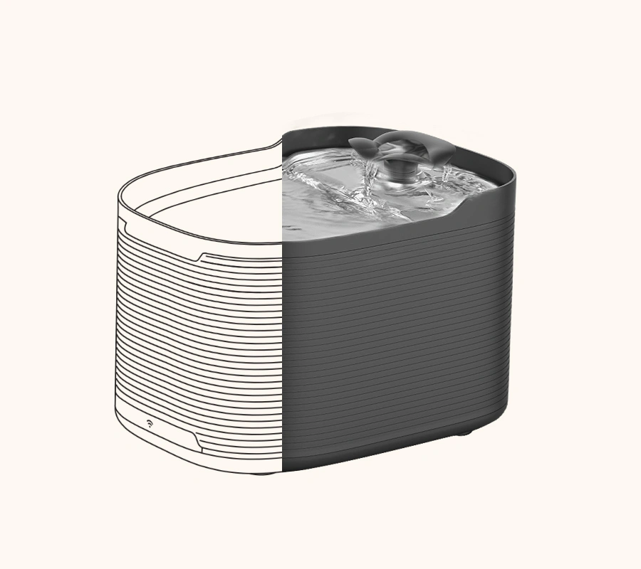 A side-by-side view of a sketch and a finished black OEM cat water fountain, illustrating the design and manufacturing process from idea to final product.