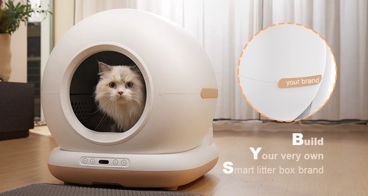 OEM ODM Private Label Smart Pet Products 2025 1 of OEM ODM Private Label Smart Pet Products 2025: The Complete Guide for Importers A fluffy cat peeking out of a white automatic litter box, with a diagram highlighting the ability to "Build Your very own smart litter box brand," a key feature of OEM ODM private label smart pet products.