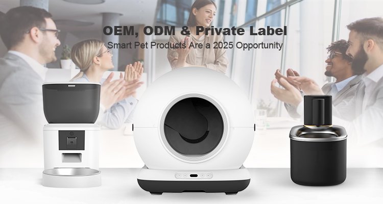OEM ODM Private Label Smart Pet Products 2025 2 of OEM ODM Private Label Smart Pet Products 2025: The Complete Guide for Importers An automatic feeder, a globe-shaped litter box, and a water fountain displayed in front of a group of business professionals clapping, symbolizing the market opportunity for OEM ODM private label smart pet products in 2025.