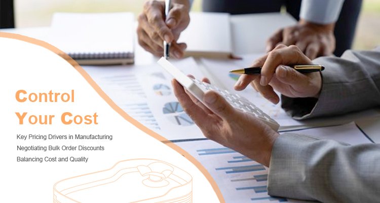 OEM ODM Private Label Smart Pet Products 2025 3 of OEM ODM Private Label Smart Pet Products 2025: The Complete Guide for Importers Two people looking at a calculator and business charts on a desk, with text on "Control Your Cost," highlighting key pricing drivers in manufacturing for OEM ODM private label smart pet products.