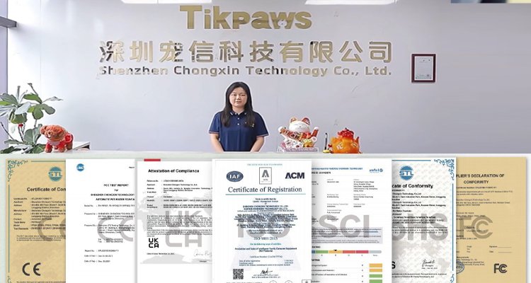 OEM ODM Private Label Smart Pet Products 2025 4 of OEM ODM Private Label Smart Pet Products 2025: The Complete Guide for Importers A woman standing in front of the company logo with a display of various quality and safety certificates like FCC, CE, and RoHS, proving the quality and compliance for their OEM ODM private label smart pet products.