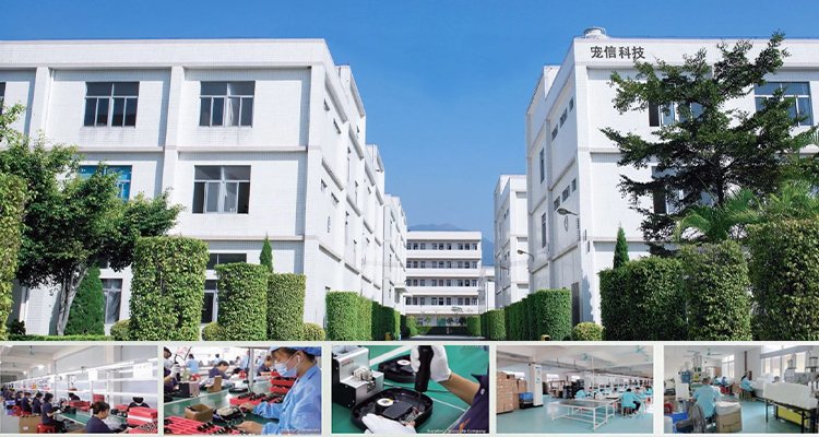 OEM ODM Private Label Smart Pet Products 2025 5 of OEM ODM Private Label Smart Pet Products 2025: The Complete Guide for Importers A panoramic view of a large white factory building with multiple inset images showing different stages of production and assembly, showcasing the full-scale manufacturing process for OEM ODM private label smart pet products.