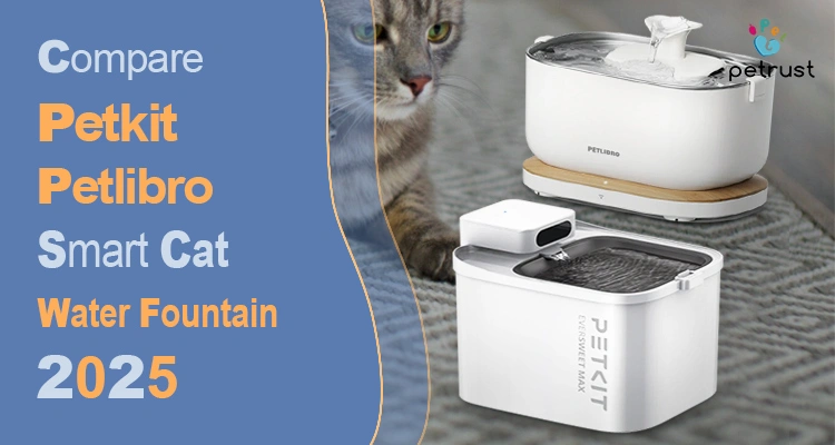 A side-by-side product comparison of the Petkit vs Petlibro cat water fountains with a cat and a dog, highlighting the Best Cat Water Fountain comparison and OEM buying guide for 2025.