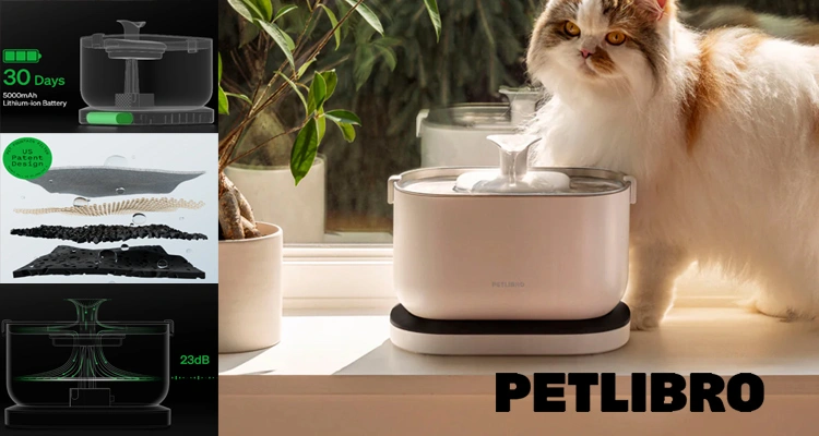 A banner showcasing the Petlibro Dockstream cordless cat water fountain with a cat in the background and inset graphics highlighting its 30-day battery life, filter layers, and silent operation (23dB), which are important factors when comparing Petlibro vs Catit products.