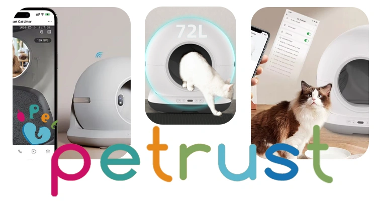 A collage featuring the Petrust® CB002 OEM smart cat litter box, with a cat inside, mobile app control, and product details, offering an alternative in the 'Litter Robot vs Neakasa' landscape for the 'Best Automatic Cat Litter Box 2025'.