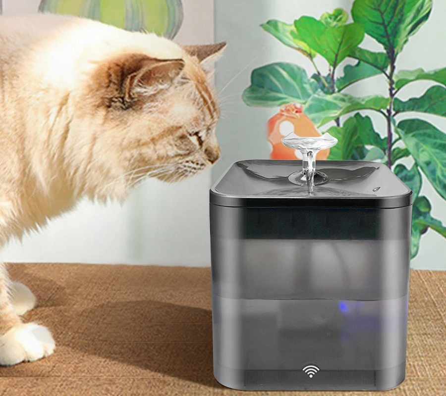 A cat observing a clear plastic smart OEM cat water fountain with an illuminated water level indicator, emphasizing smart features and material choices.