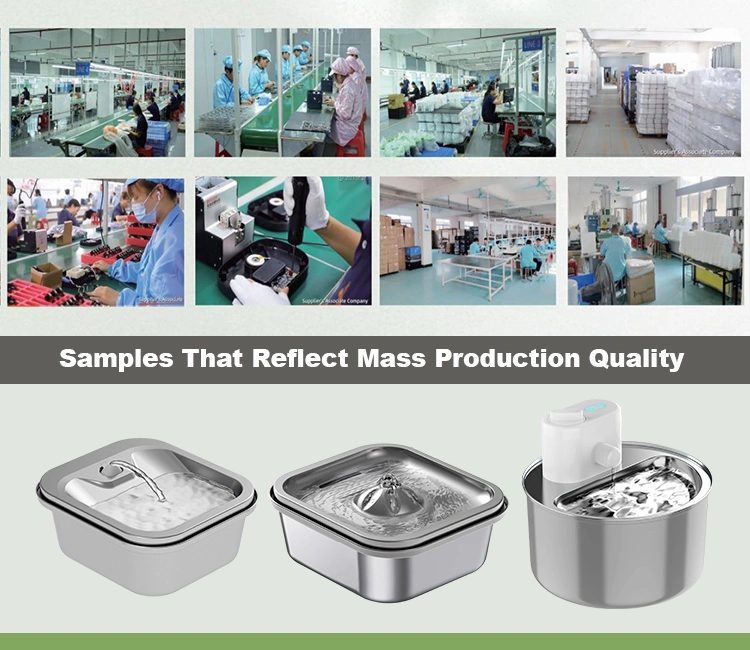 A grid of factory production line images above three stainless steel cat water fountain prototypes, demonstrating a commitment to quality control to avoid cat water fountain importing mistakes.