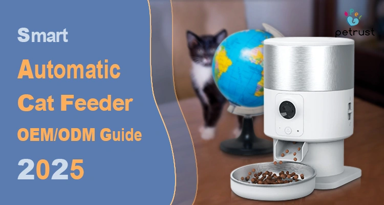 A white and silver smart automatic cat feeder with a cat looking at it, illustrating a buyer's guide for smart automatic cat feeder OEM/ODM.