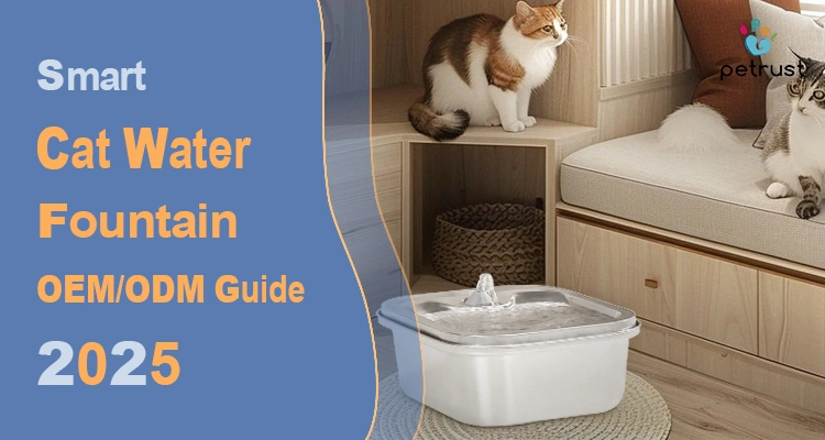 A banner featuring a clean, silver stainless steel smart cat water fountain with two cats in the background, promoting the Smart Cat Water Fountain OEM/ODM Guide for 2025 and boosting ROI.