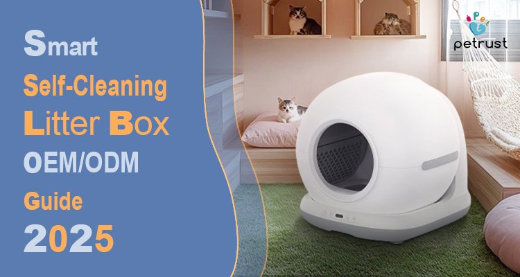 A white and gray smart self-cleaning litter box with a fluffy cat in a modern room, demonstrating the product features in a guide for Smart self-cleaning litter box OEM and ODM services.
