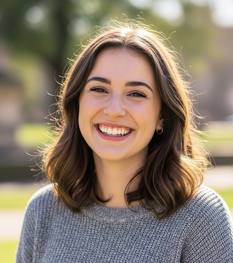 A young woman smiling, representing a satisfied client of an OEM cat water fountain manufacturer.