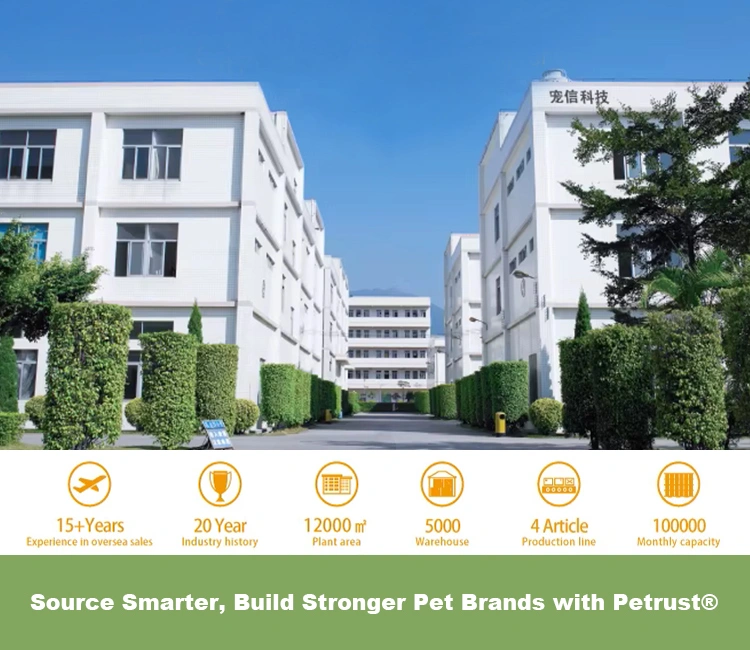 An exterior shot of a large factory complex with statistical infographics below, representing a professional supplier that helps avoid cat water fountain importing mistakes.