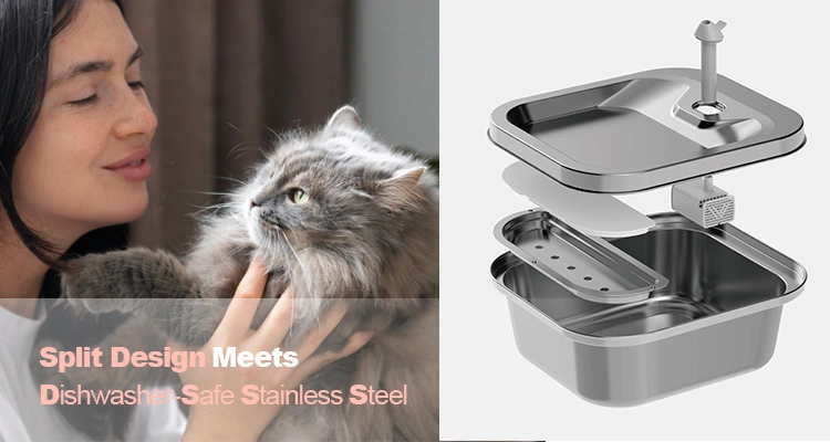 An exploded view of a stainless steel cat water fountain showing the split design for easy cleaning, offering a solution to a common Cat Water Fountain Problems. A person pets a cat on the left.