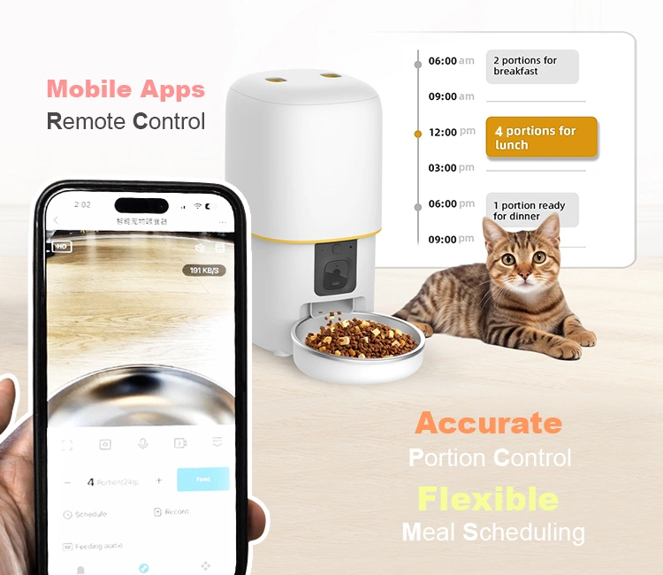 An infographic-style image showing a Petrust automatic cat feeder with a cat, a smartphone displaying the app, and a feeding schedule, highlighting key automatic cat feeder features like mobile control and accurate portioning.